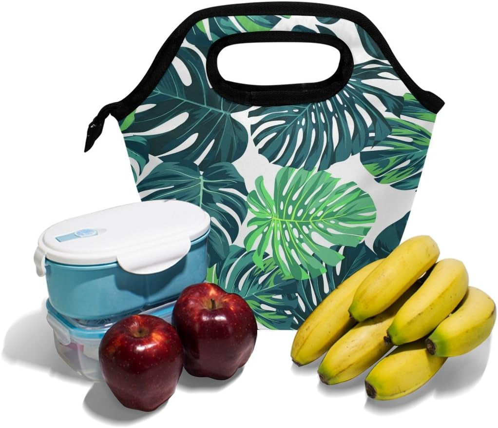 Lunch Bag Tote Handbag Neoprene Lunchbox Food Container Tropical Palm Leaves Decor with Stylish Floral Printed Insulated Gourmet Tote Cooler Warm Pouch for Women Men Kids for School or Work