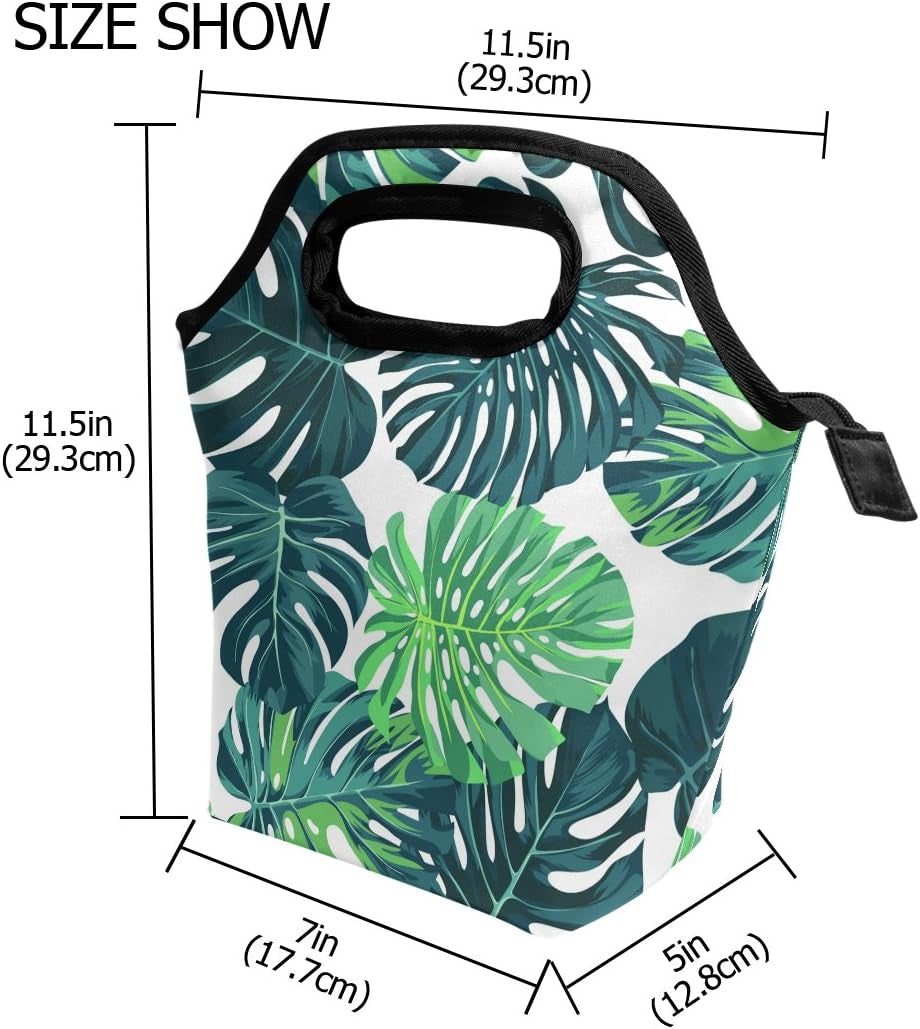 Lunch Bag Tote Handbag Neoprene Lunchbox Food Container Tropical Palm Leaves Decor with Stylish Floral Printed Insulated Gourmet Tote Cooler Warm Pouch for Women Men Kids for School or Work