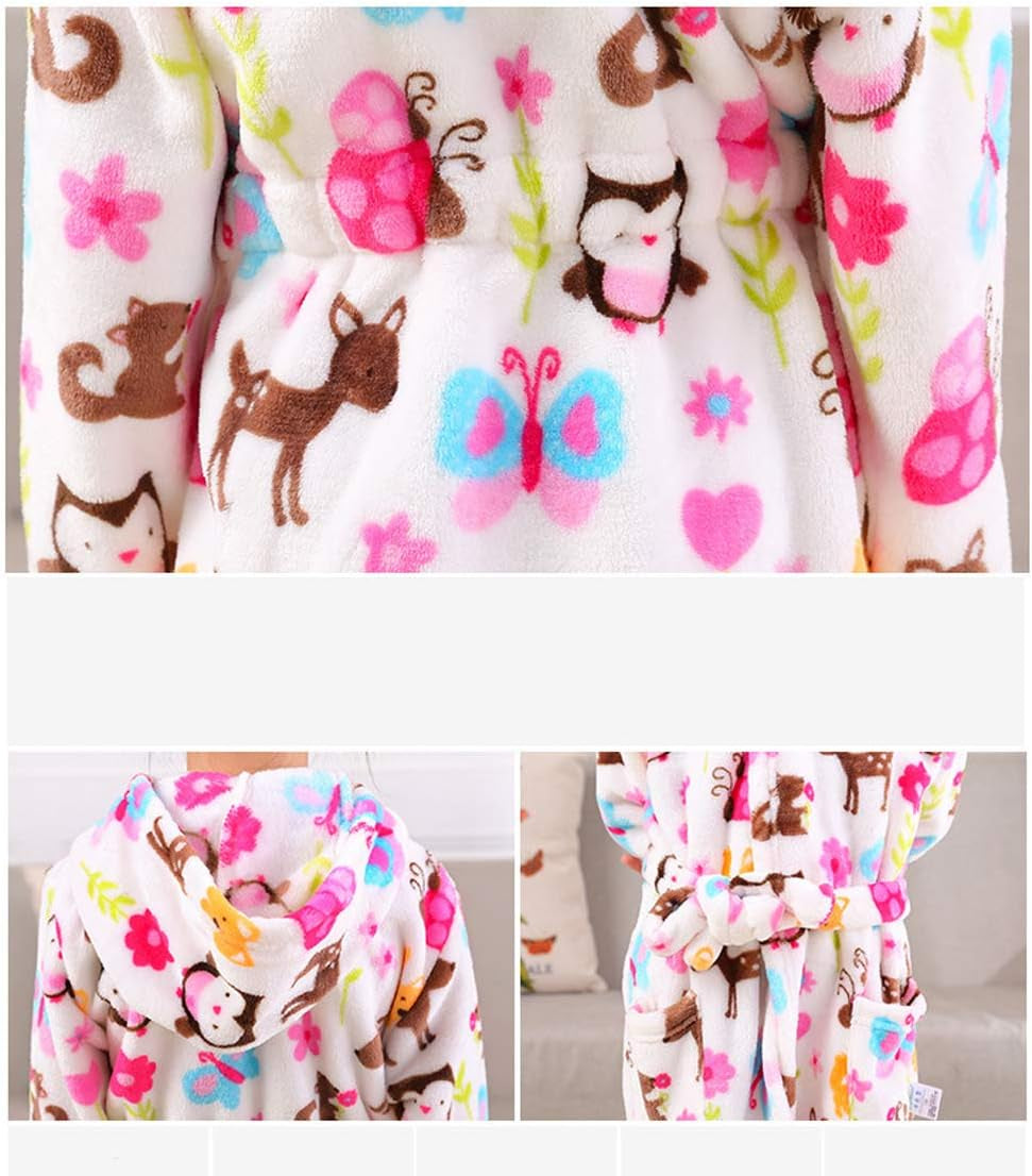 Girls Robes, Plush Soft Coral Fleece Animal Print Hooded Bathrobe for Kids Boys