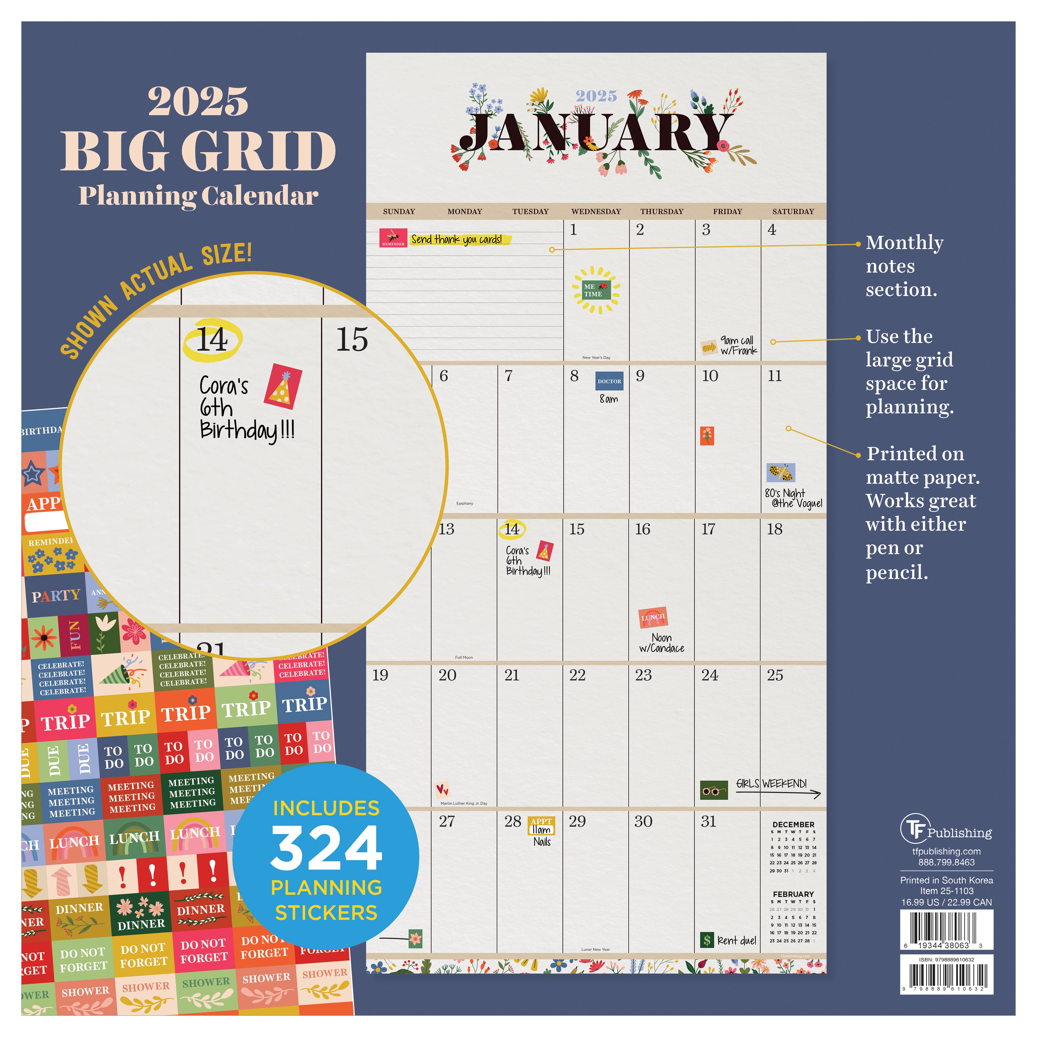 2025 Big Grid-Floral Wall Calendar with Premium Paper Printed