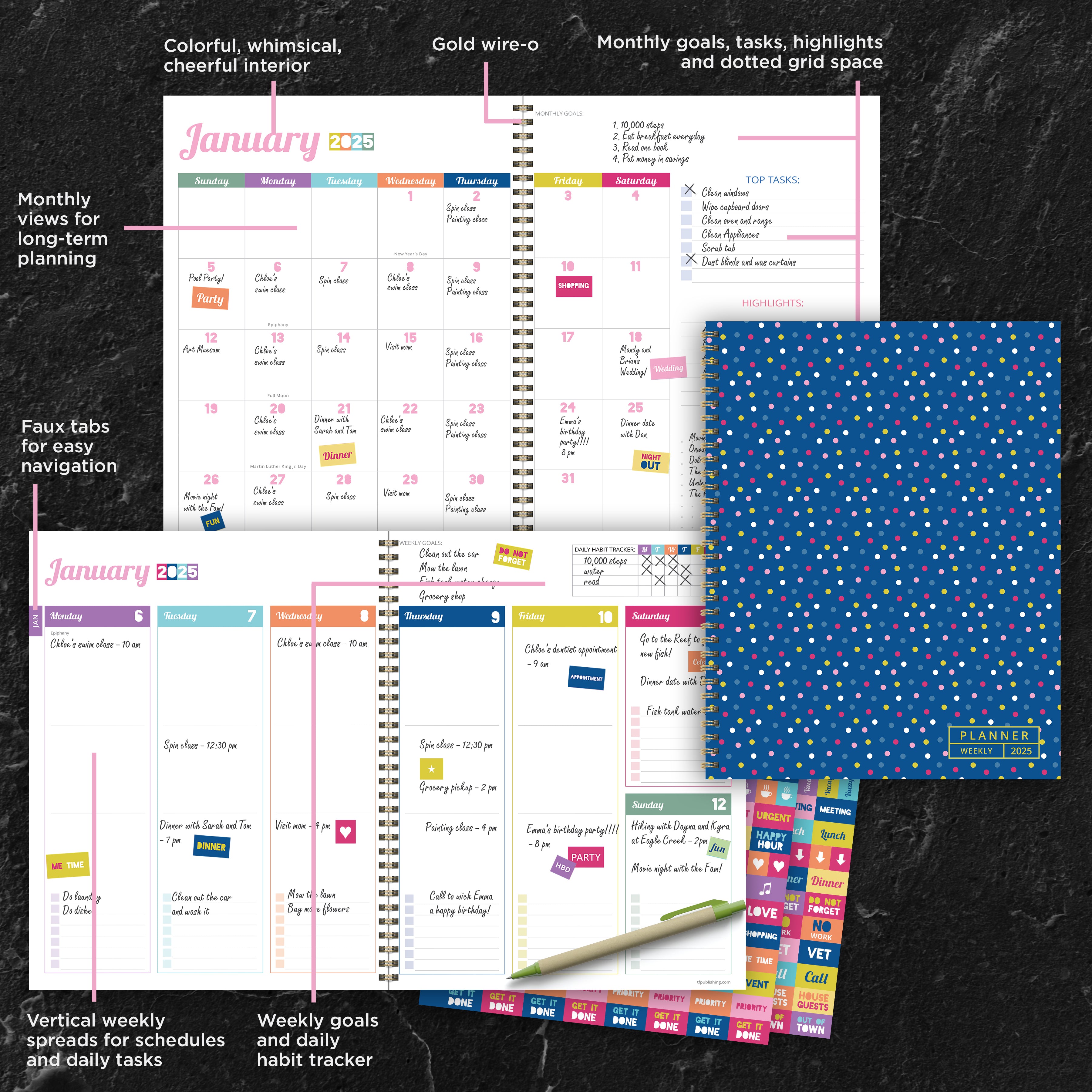 2025 Cobalt Dots Large Weekly Monthly Planner SELWII