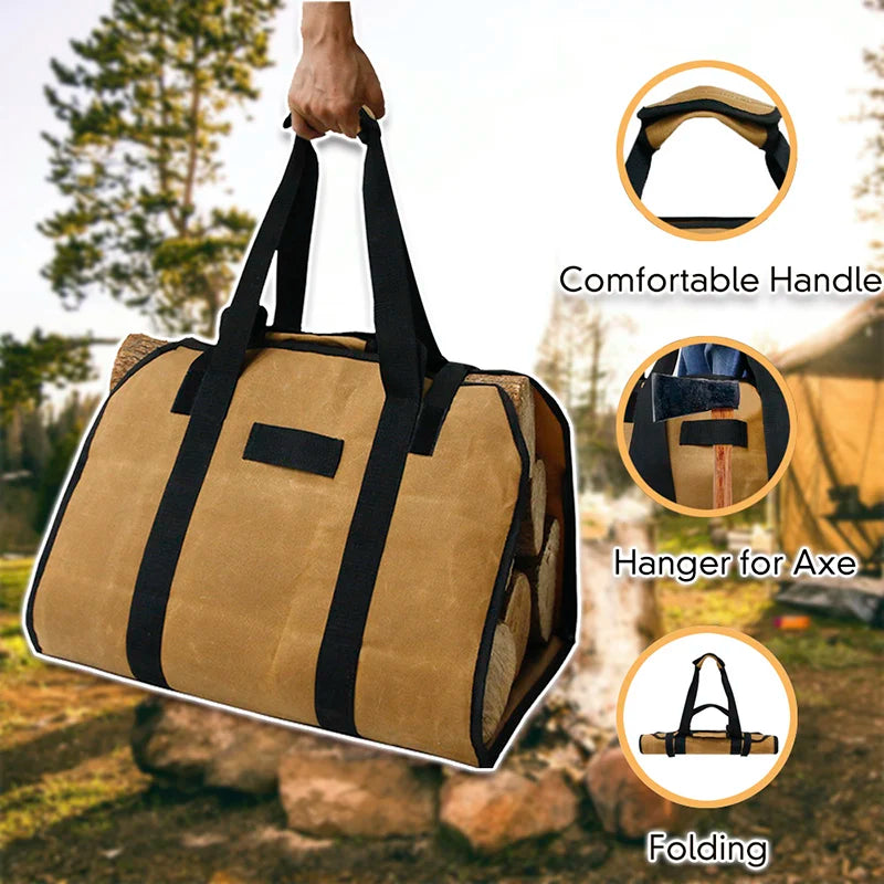 Camping Firewood Carry Bag Waterproof Canvas Fire Wood Storage Bag Case Firewood Pocket Basket 2 Way Using Carry Firewood