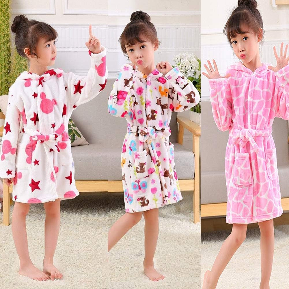 Girls Robes, Plush Soft Coral Fleece Animal Print Hooded Bathrobe for Kids Boys