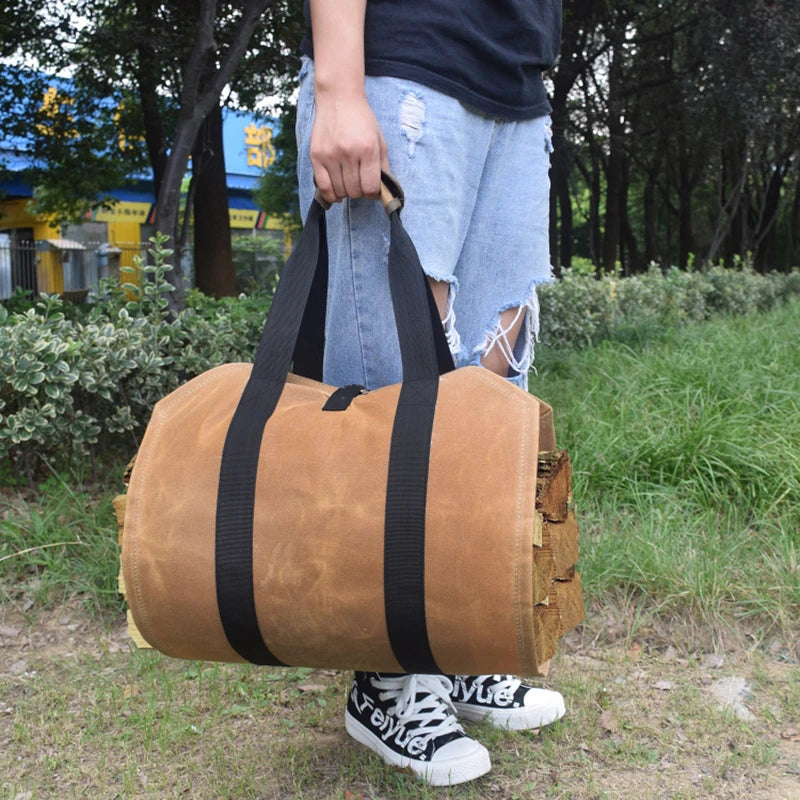 Camping Firewood Carry Bag Waterproof Canvas Fire Wood Storage Bag Case Firewood Pocket Basket 2 Way Using Carry Firewood