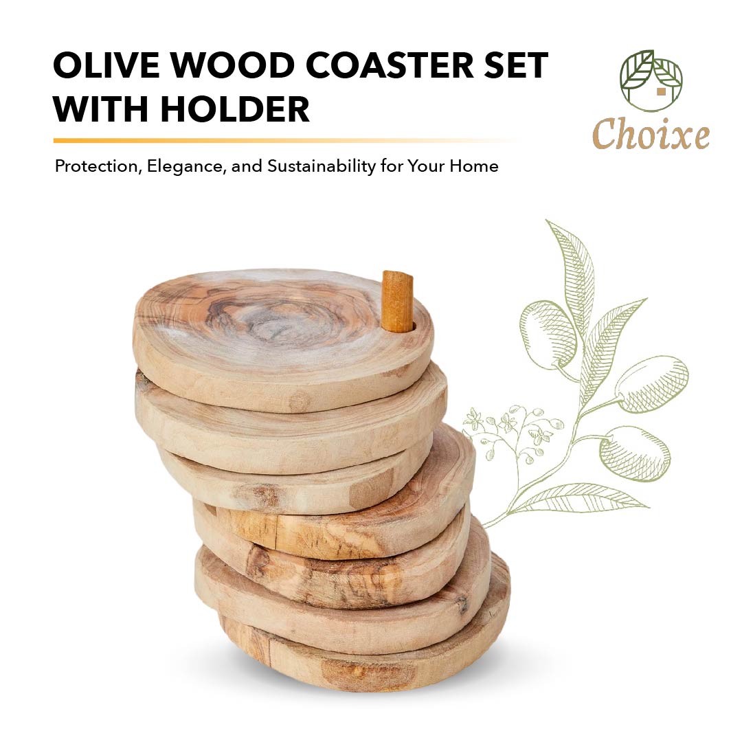 Olive Wood Coaster Set with Holder -7 Pcs SELWII