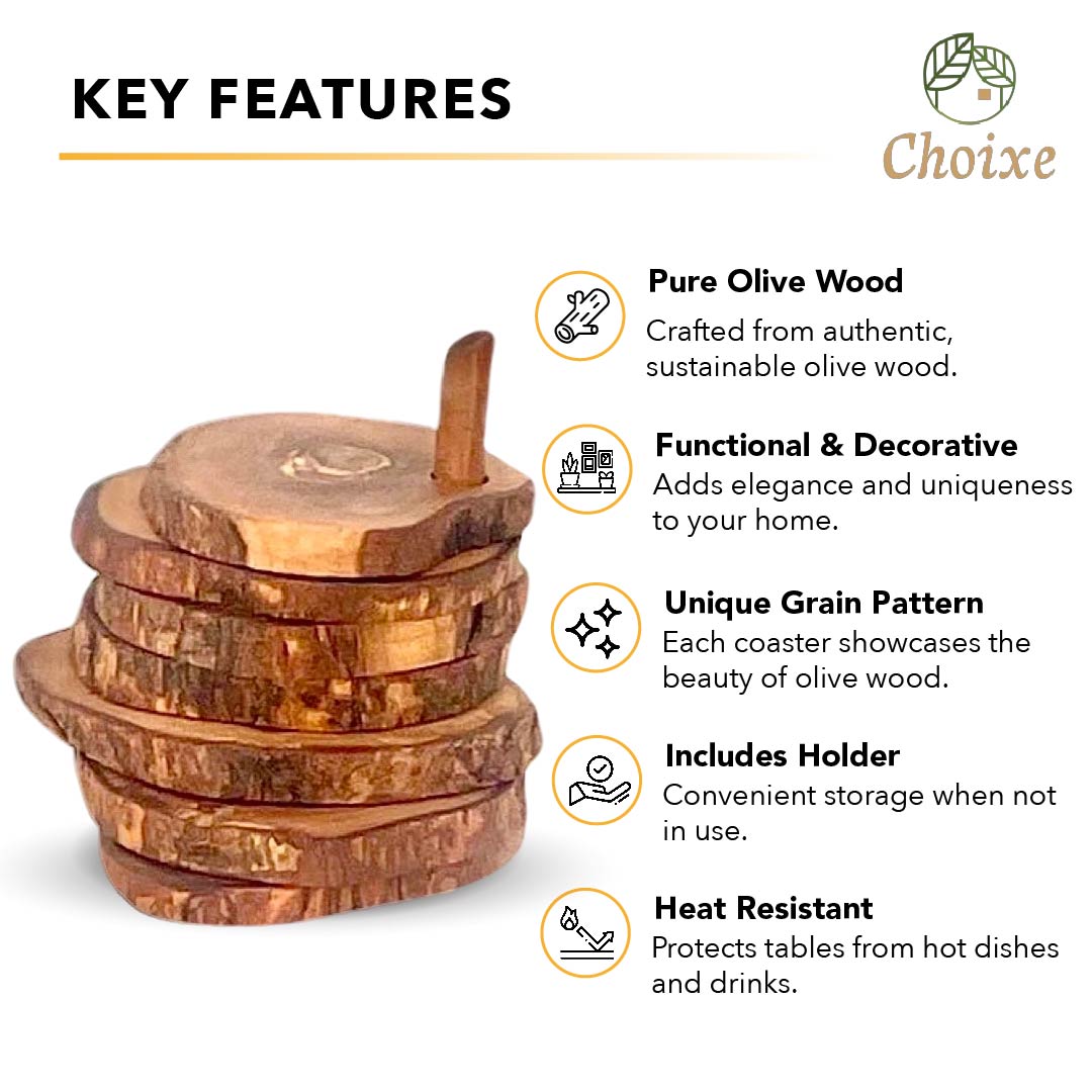 Olive Wood Coaster Set with Holder -7 Pcs SELWII