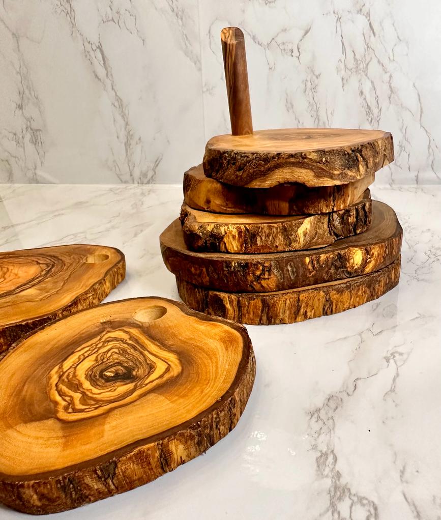 Olive Wood Coaster Set with Holder -7 Pcs SELWII