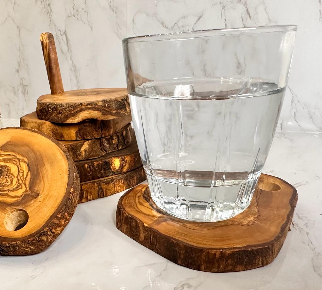 Olive Wood Coaster Set with Holder -7 Pcs SELWII