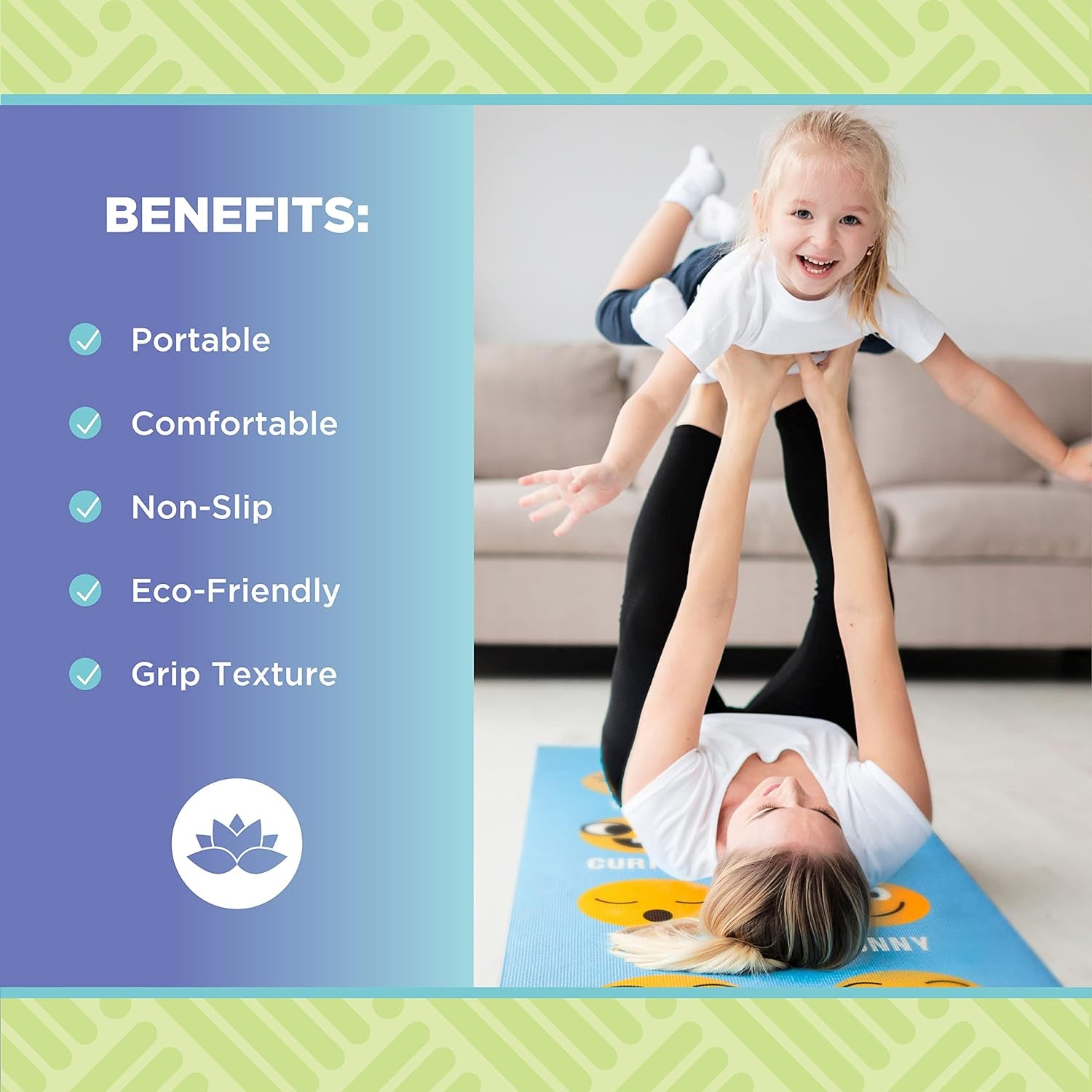 Kids Size Sticky Yoga Mat | 3Mm Thick (⅛”) X 60” L X 24” W | Non-Toxic SGS Certified | Non-Skid & Non-Slip Eco-Friendly Exercise or Playtime Mat | Fun Colors & Designs | Emoji, Raspberry