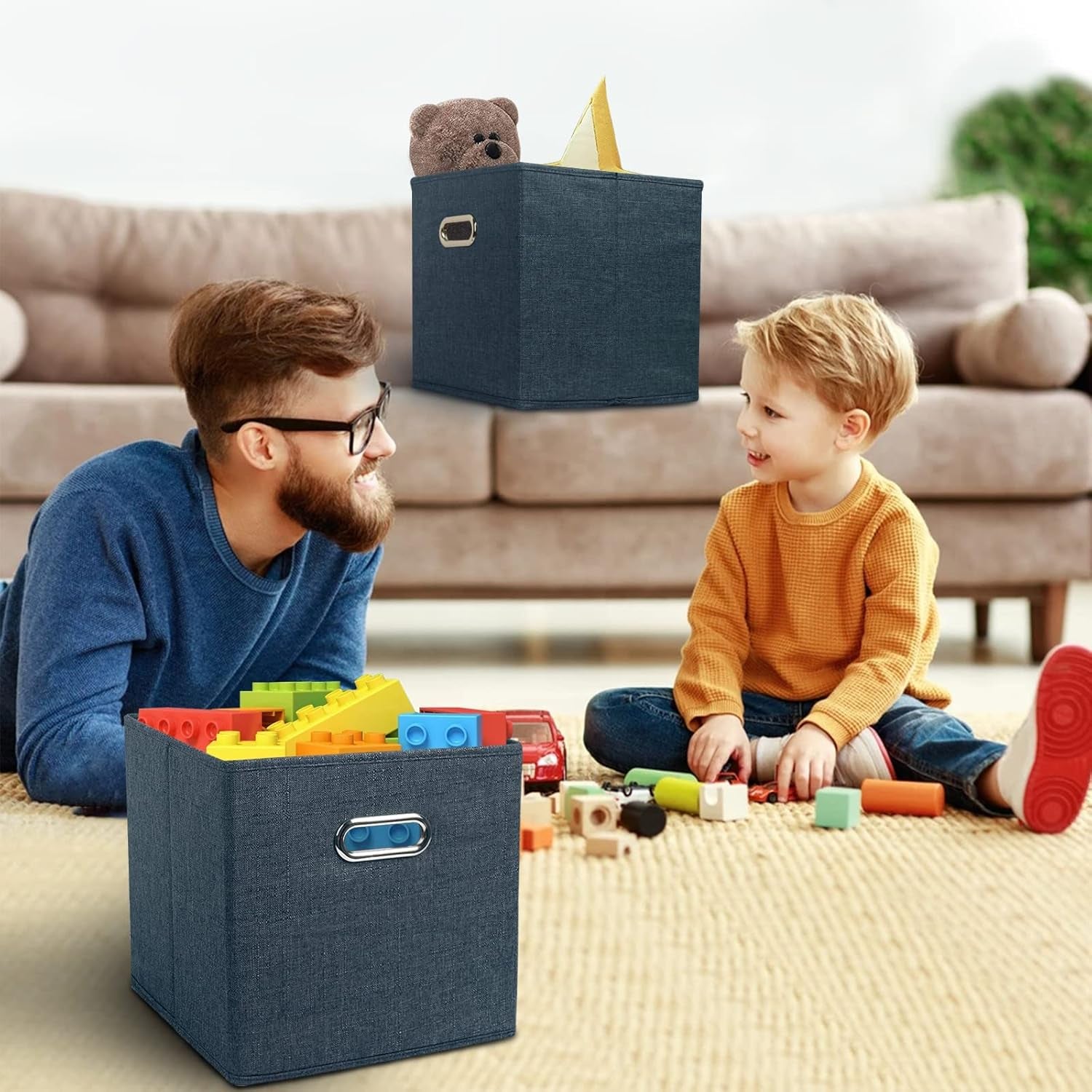 Foldable Cube Storage Bins Baskets - 3 Pack Fabric Storage Cubes with Handles, Storage Baskets for Organizing Closet Shelves Cubby Storage Bins for Home and Office (Blue)