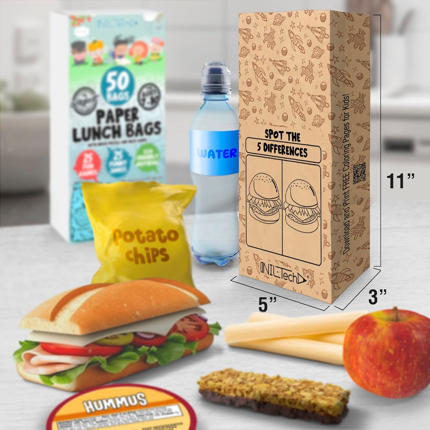 NIL-TECH Kids Paper Lunch Bags - Eco Friendly Food Safe Brown Sandwich Bags with Printed Jokes and Games, 50Pc (3 Pack) Brown Paper Bags for Everyday Snack, Sandwich, Biodegradable Food Safe Paper