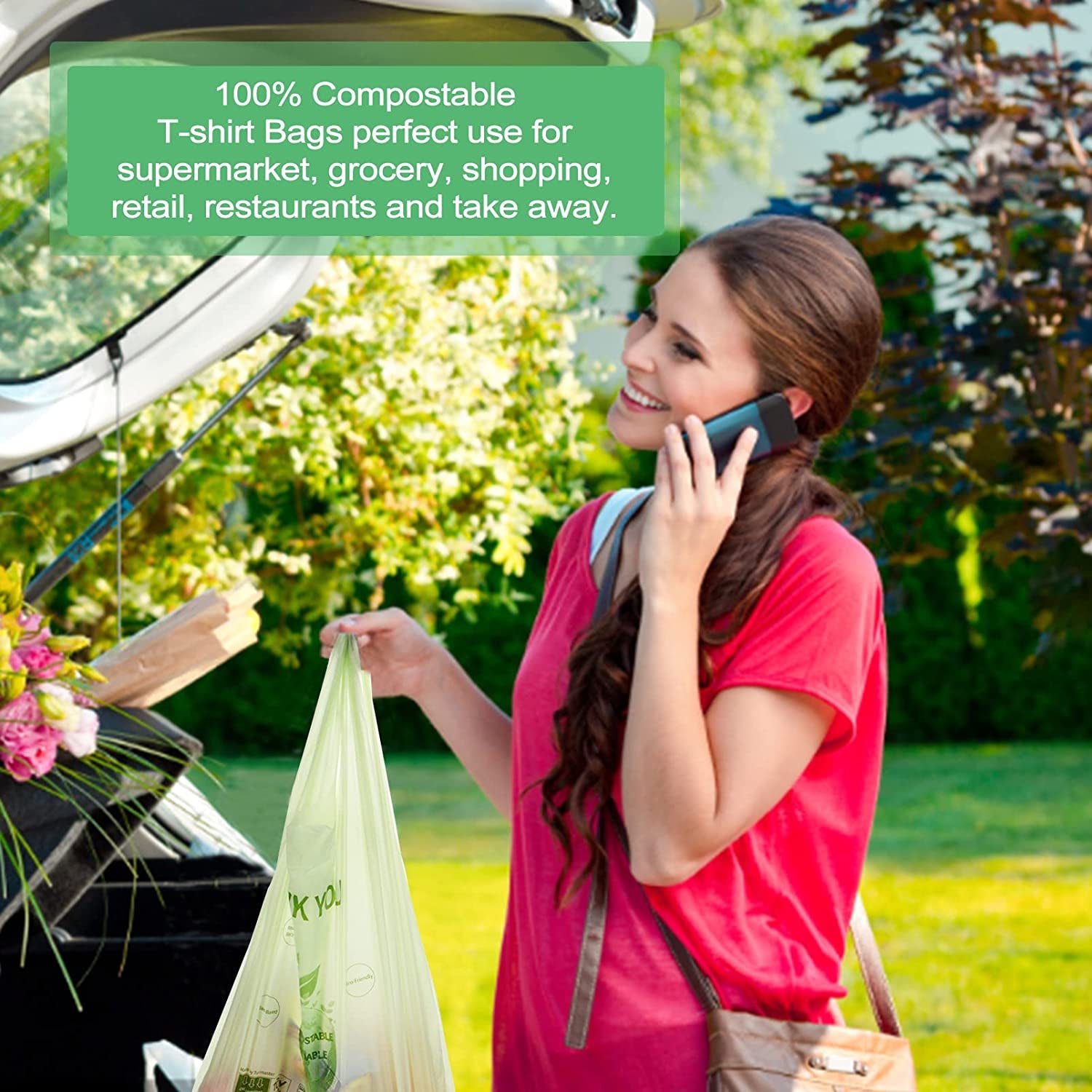 100% Compostable T-shirt Bags for Grocery Shopping