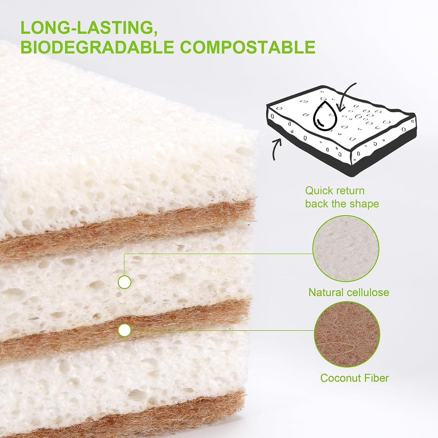 Natural Sponge 16 Pack - Biodegradable Compostable Cellulose Kitchen Sponges Coconut Scrubber - Eco Friendly Sponge for Dishes Cleaning