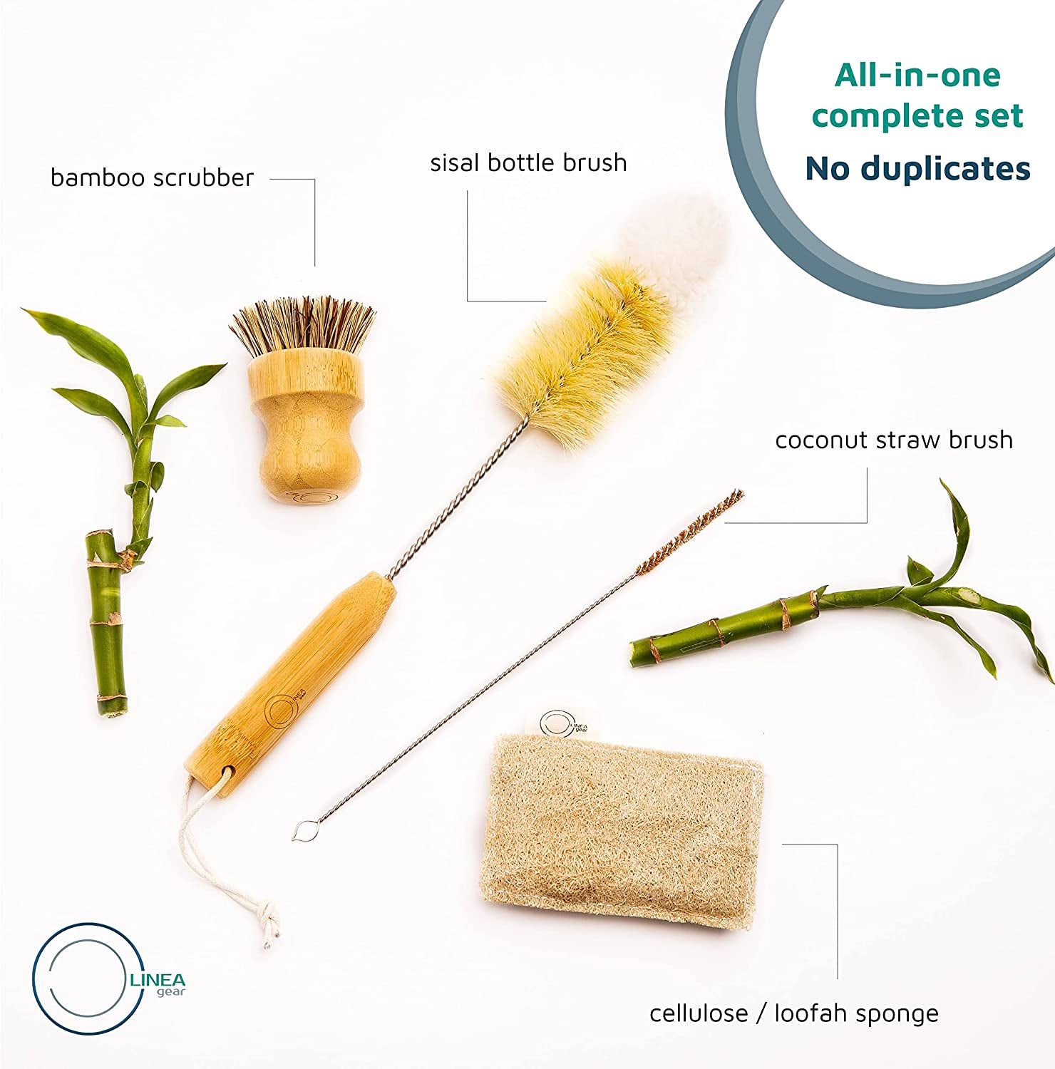 Bamboo Dish Brush Set, Complete Sustainable & Compostable Sponge and Scrubber Set, Eco Friendly Cleaning Products, Bamboo Cleaning Brush, Wooden Kitchen Scrub Brush for Dishes, Dish Brush Set