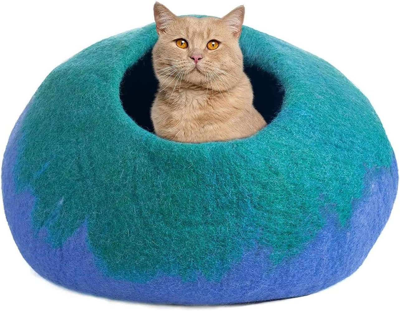 Wool Cat Cave Bed for Cat Lovers - Handmade Premium Felt Cat Bed Cave (Large) - 100% Marino Wool Cat Cave for Indoor Cats and Kittens (Green/Blue)