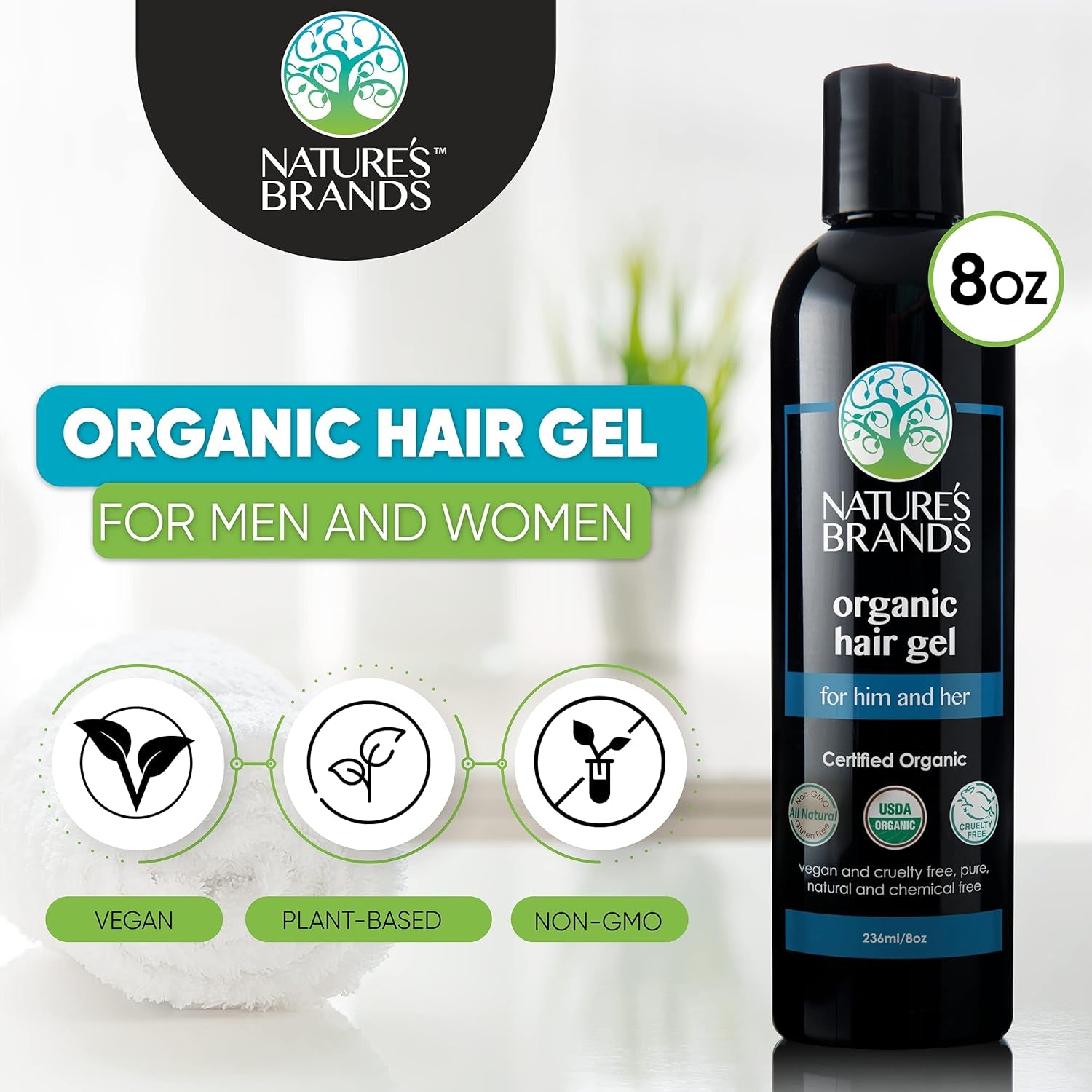 Organic Hair Gel for Men and Women - Natural Eco Hair Styling Gel with Olive Oil – Vegan, Plant-Based, Non-Gmo (8 Oz)
