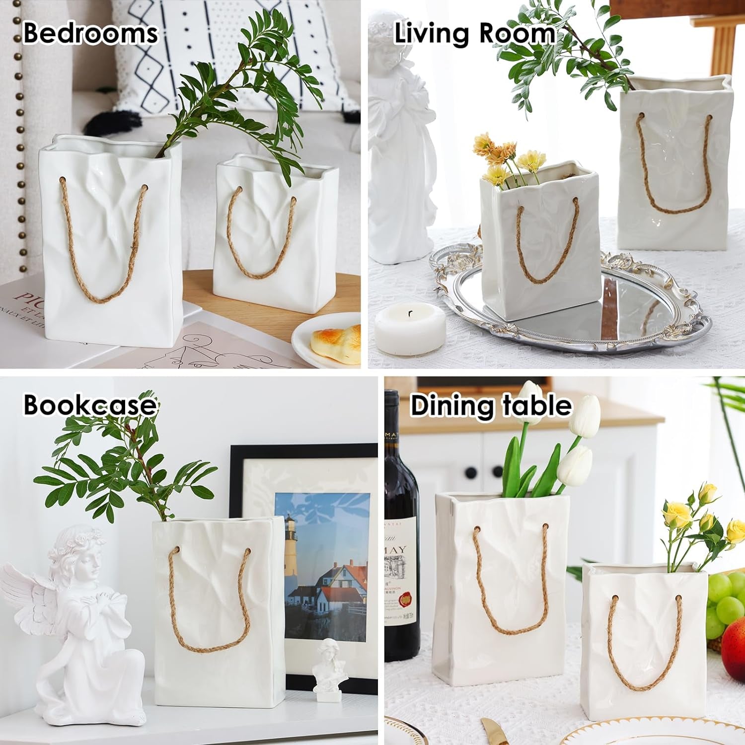 Paper Bag Vase White Ceramic Vase Irregular Paper Bag Shape Set of 2 Home Decoration Aesthetics Vase for Wedding Dinner Table and Bedroom