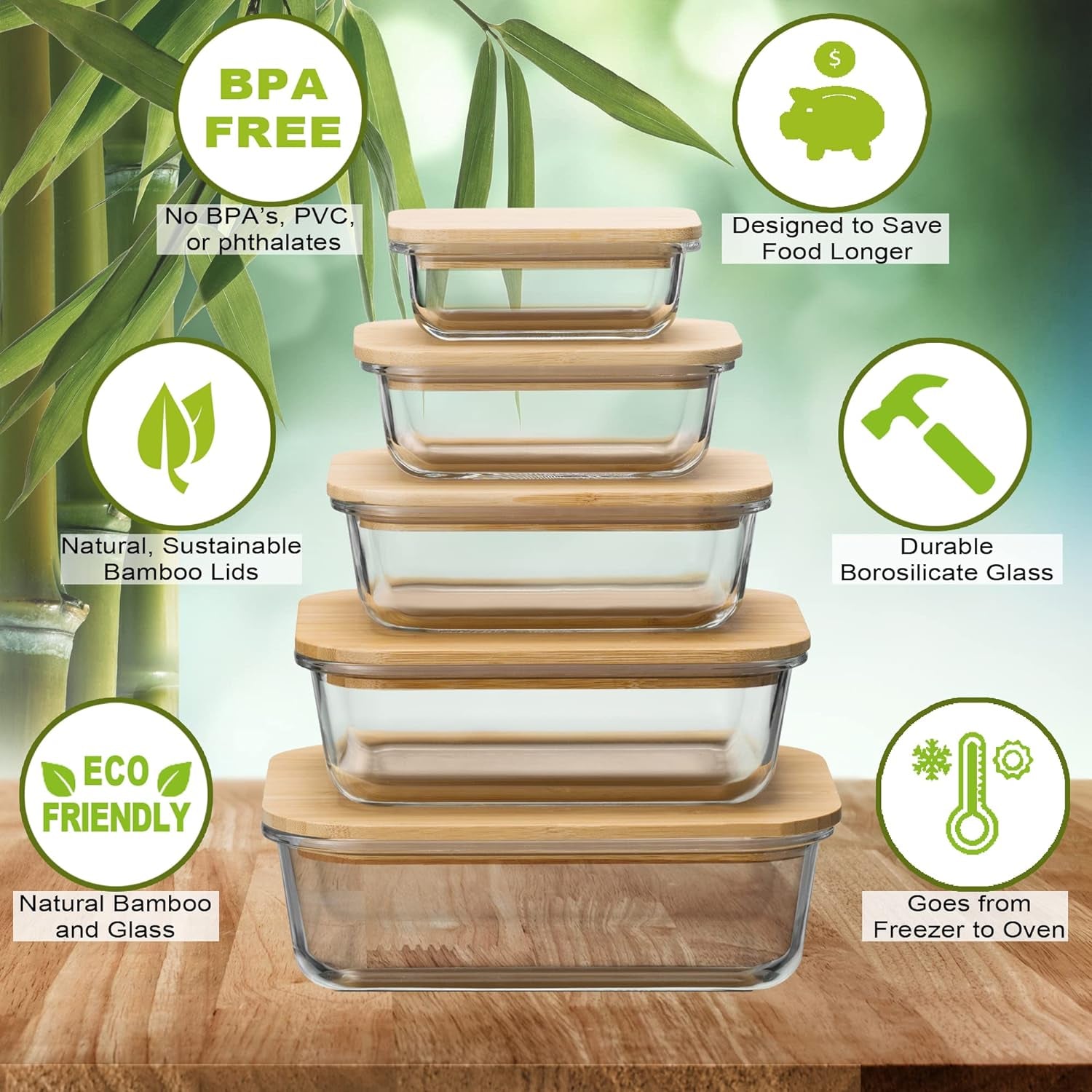 Natural, Sustainable Glass Storage Containers with Bamboo Lids