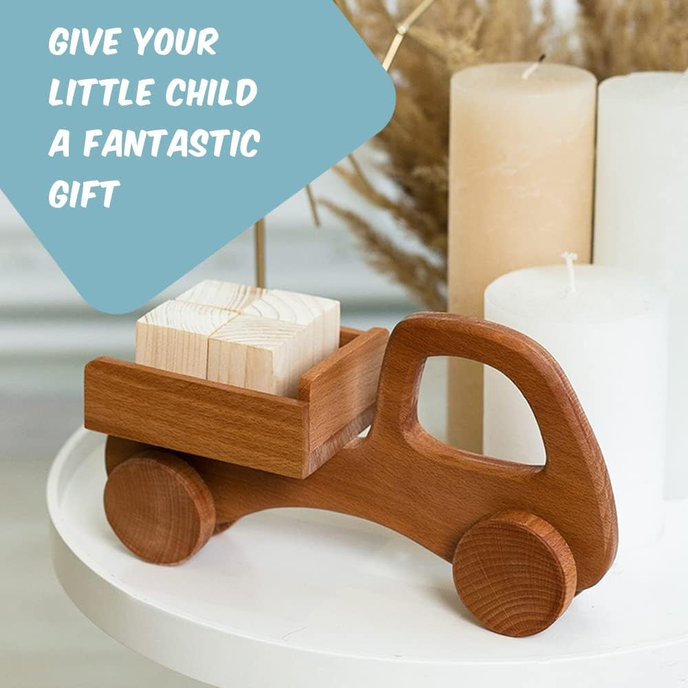 CG Games Wooden Toy Truck with Blocks and Garage Natural Wood Eco-Friendly Toys for Children Woody Truck Toy Natural Unpainted Wood Car