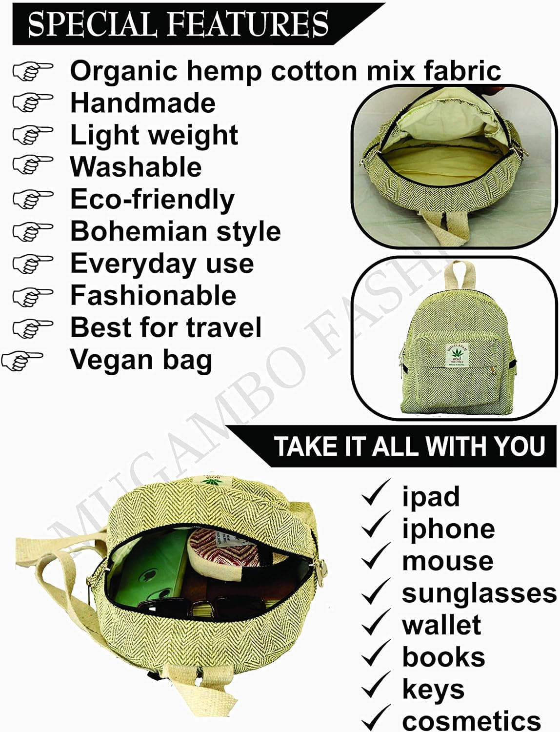 Eco Friendly Mini Backpack for Women Handmade Hemp Backpack for Women Organic Beautiful Small Backpack (LIGHT GREEN)
