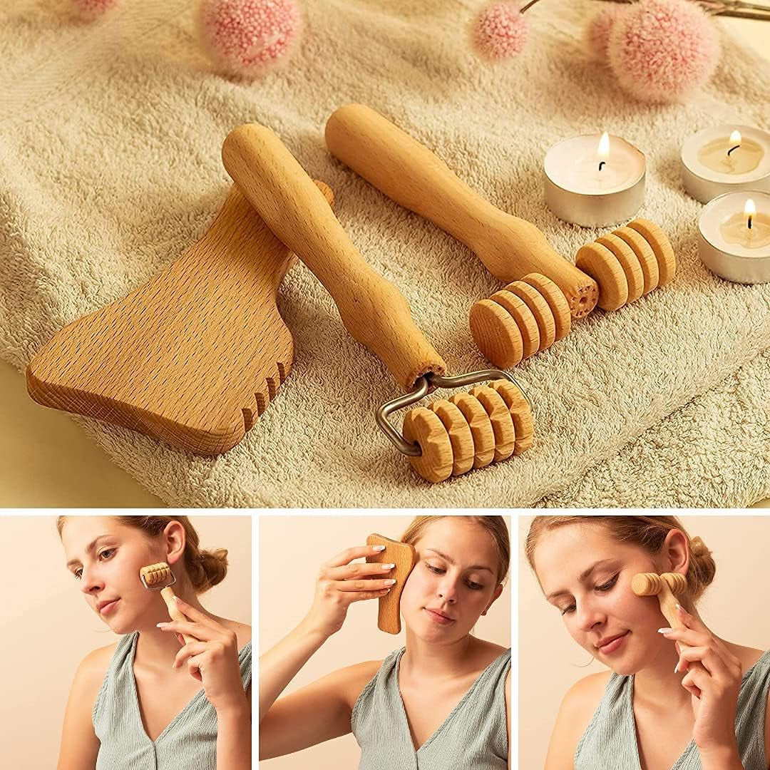 Wood Massage Tools - 3 in 1 Face Rollers and Guasha Paddle Set - Massage Kit for Maderotherapy, Face Lifting, Anti-Wrinkle, Relaxing Therapy