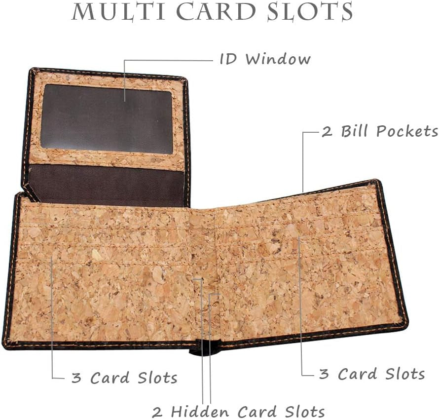 RFID Blocking Cork Wallet, Slim Bifold Vegan Credit Card Holder Purse Eco Friendly Gift for Men and Women (Black A)