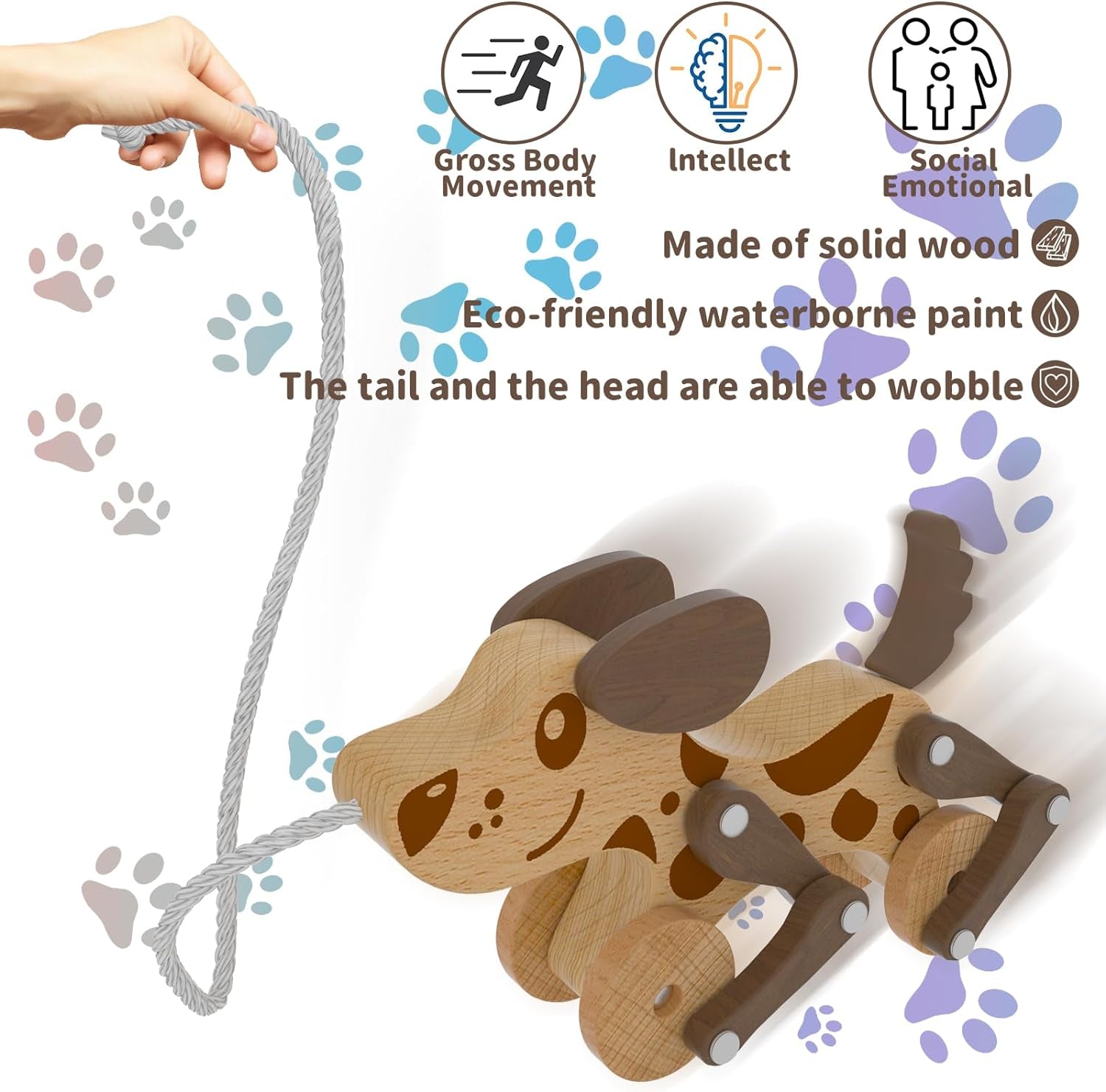 Montessori Toys 1 2 3 4 Years Old Boys Girls, Pull along Walking Toys, Wooden Walking Pull Dog Toy for Baby Toddler, Walk along Puppy Pull, Wooden Pull & Push Toy, Running Mechanical Dog MT5022
