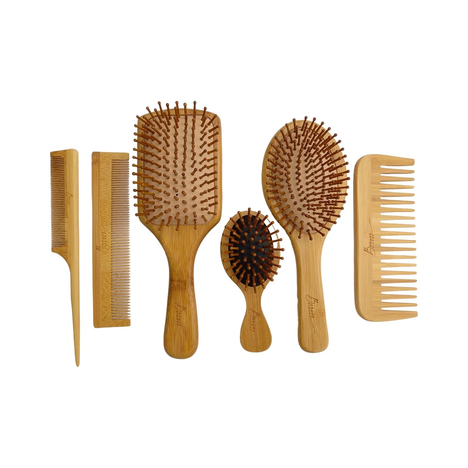 6 in 1 Wooden Natural Bamboo Detangling Hair Brush and Comb Set by  (Natural Wood)