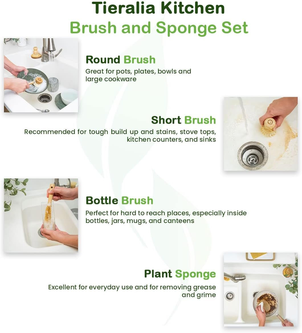 Brush Set with Compostable Wood Pulp Sponges | Bamboo Dish Brushes Kitchen Cleaning Set