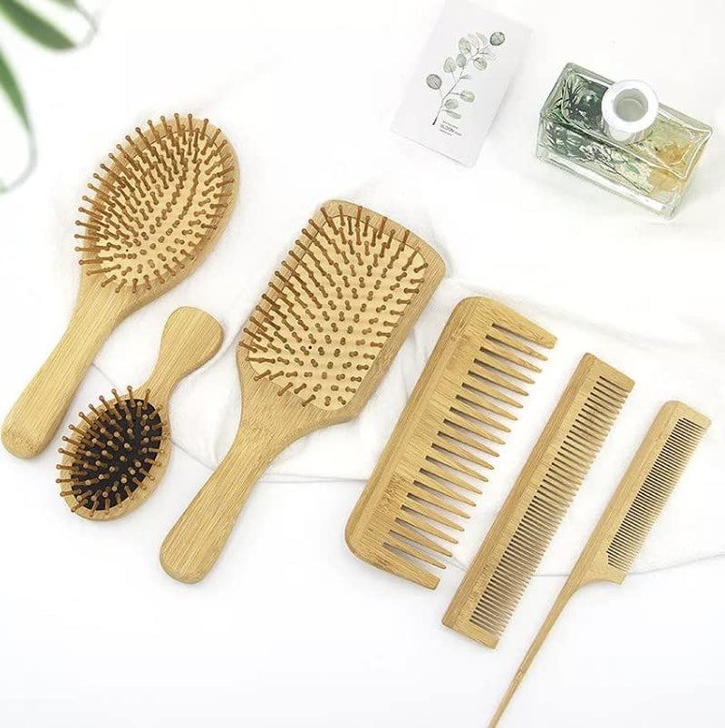 6 in 1 Wooden Natural Bamboo Detangling Hair Brush and Comb Set