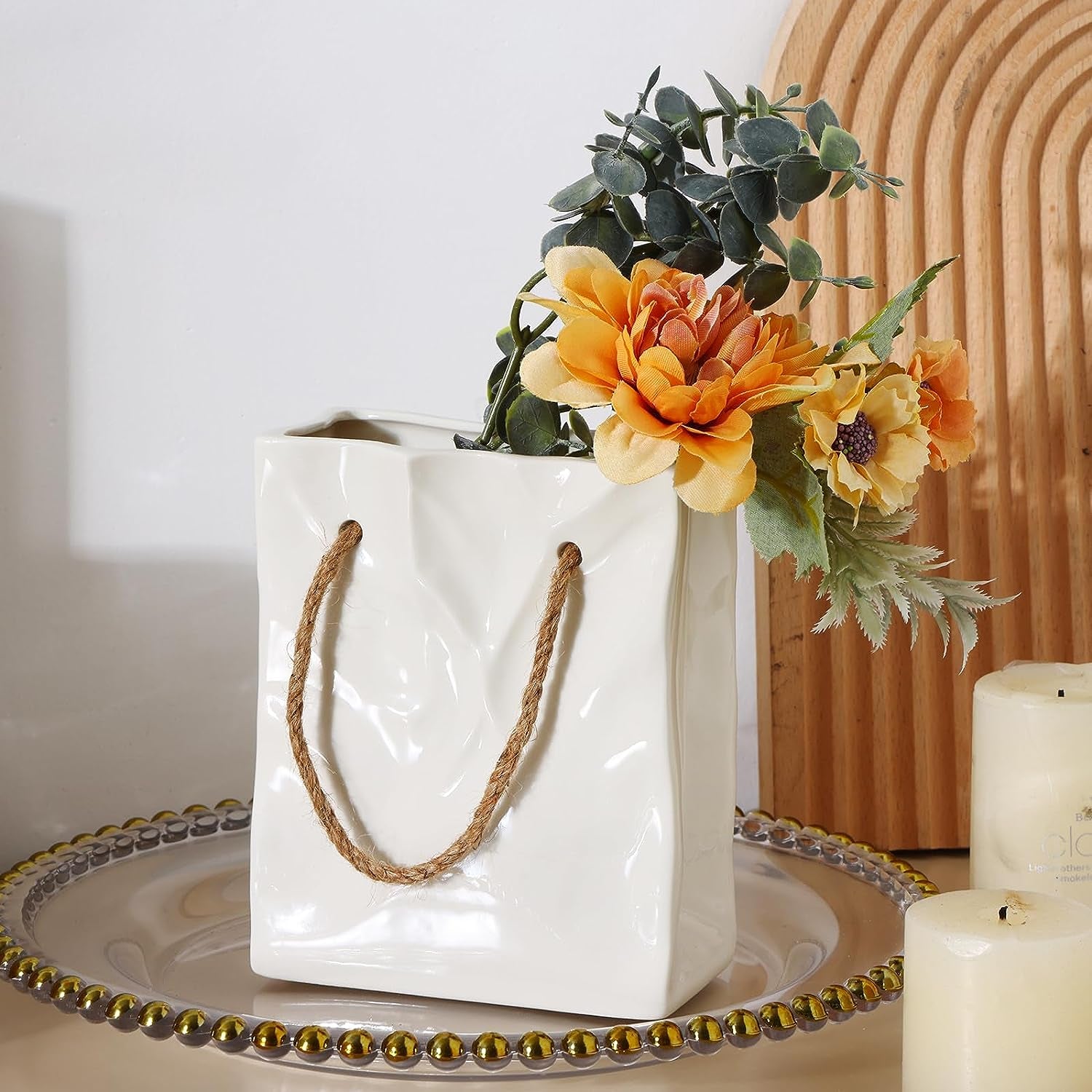 Paper Bag Vase White Ceramic Vase Irregular Paper Bag Shape Set of 2 Home Decoration Aesthetics Vase for Wedding Dinner Table and Bedroom