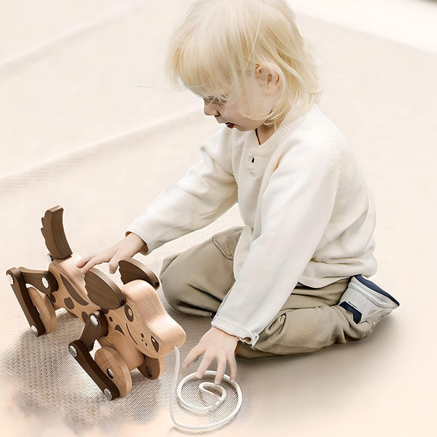 Montessori Toys 1 2 3 4 Years Old Boys Girls, Pull along Walking Toys, Wooden Walking Pull Dog Toy for Baby Toddler, Walk along Puppy Pull, Wooden Pull & Push Toy, Running Mechanical Dog MT5022