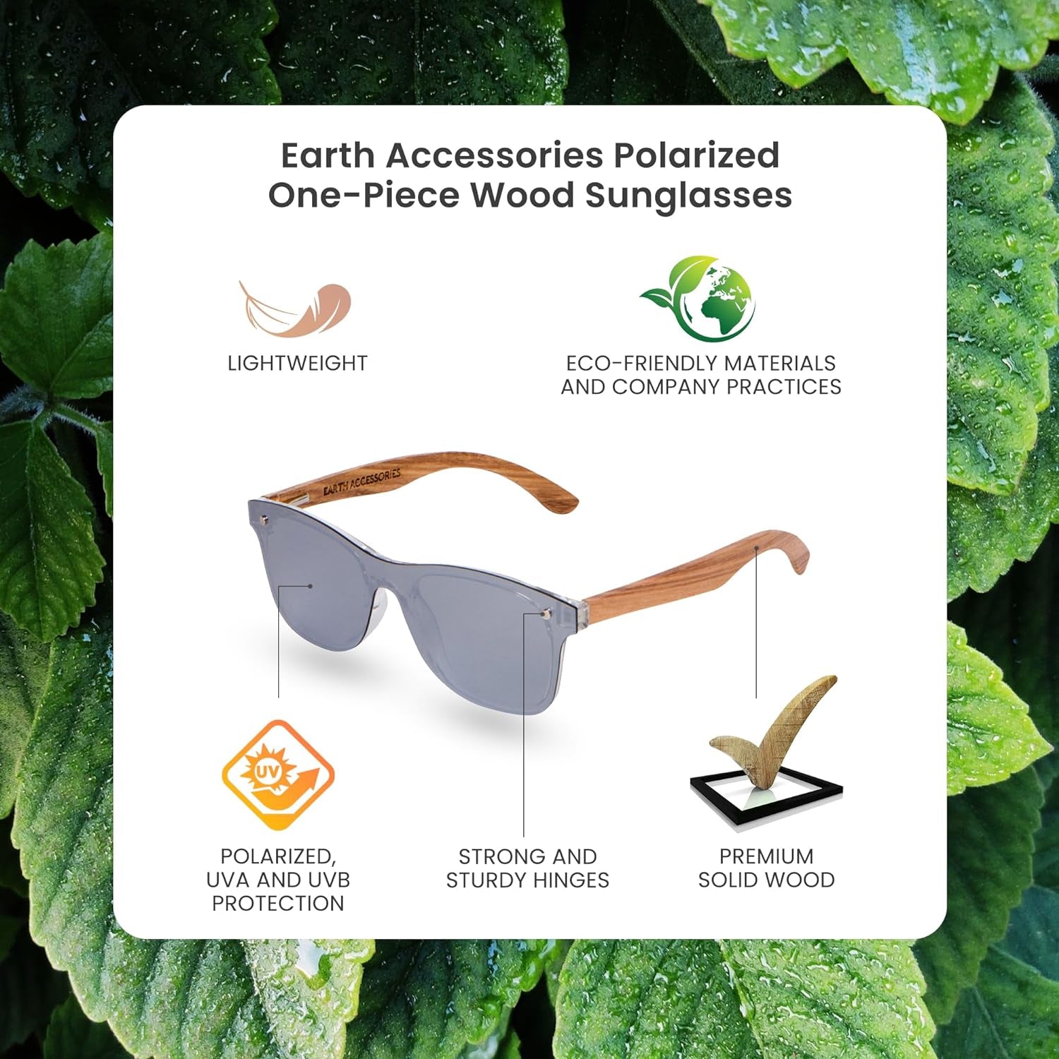 Premium Wood Sunglasses | Polarized & UV Protection | Flat, One-Piece, Mirrored Lens | Eco-Friendly