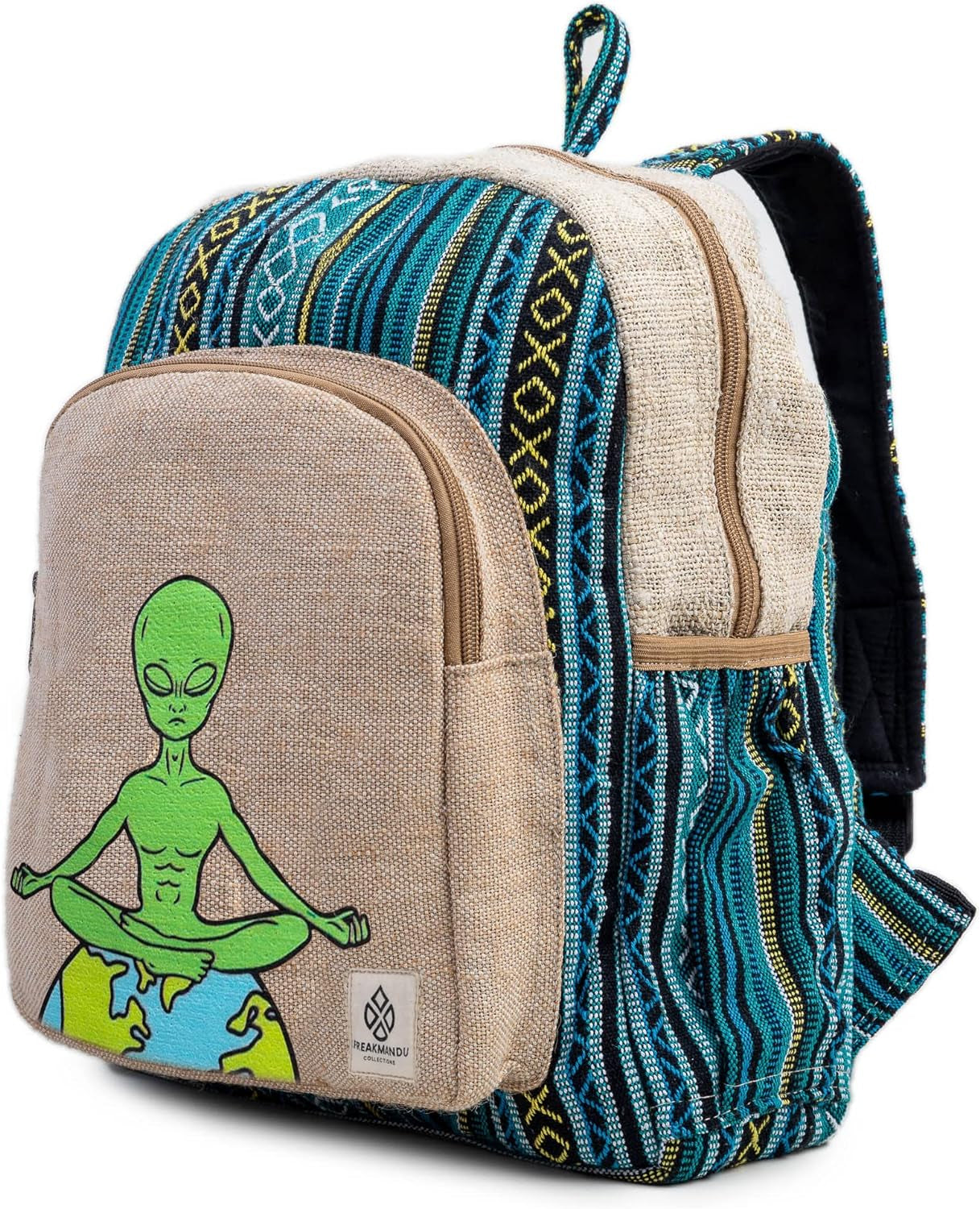 Alien Hemp Backpack Bag - Eco Friendly Hippie Yak Design Durable Functional Traveling Hiking Friendly Casual Daypack Bag by Freakmandu