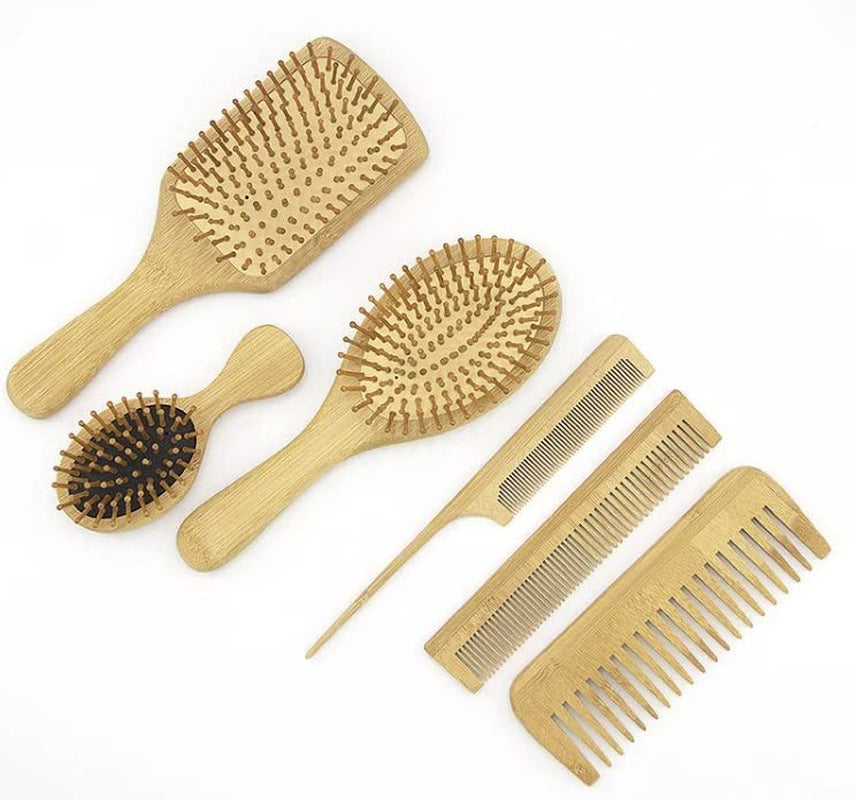 6 in 1 Wooden Natural Bamboo Detangling Hair Brush and Comb Set by  (Natural Wood)